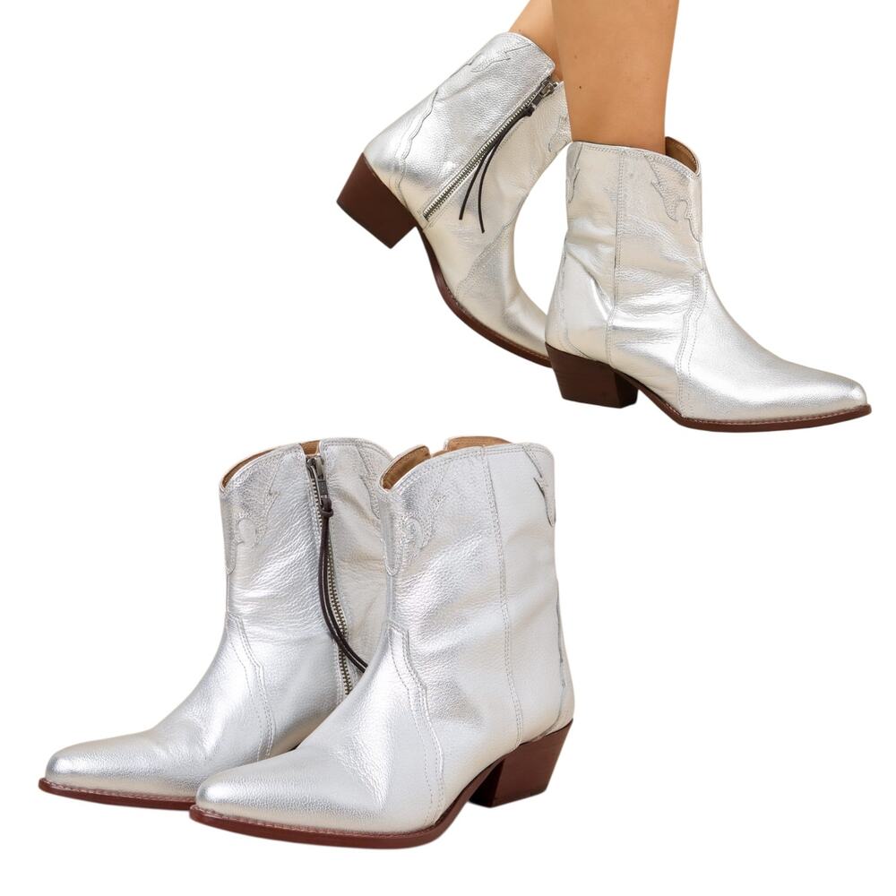 Free People Women's 'New Frontier' Leather Western Bootie Silver Size 38 EU 8 US